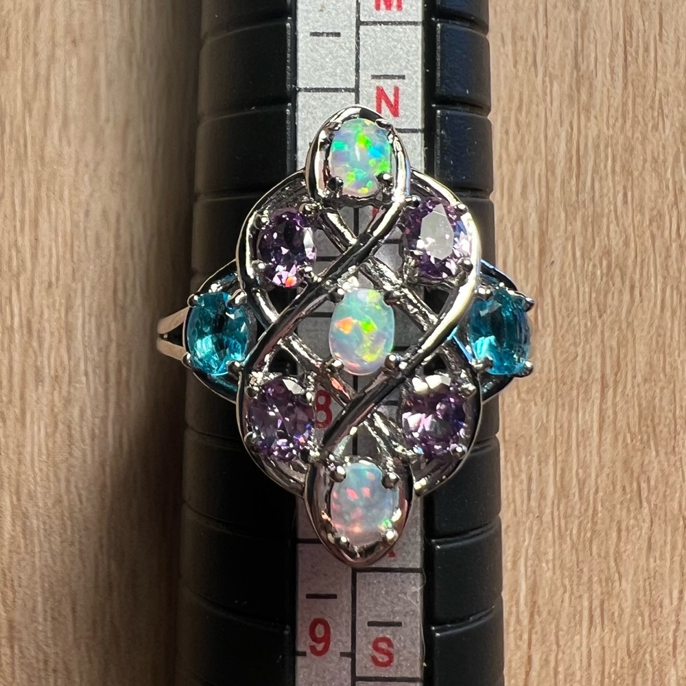 Silver Estate Ring Simulated Opal, Amethyst, Blue Topaz Size 7.5 - Picture 5 of 7